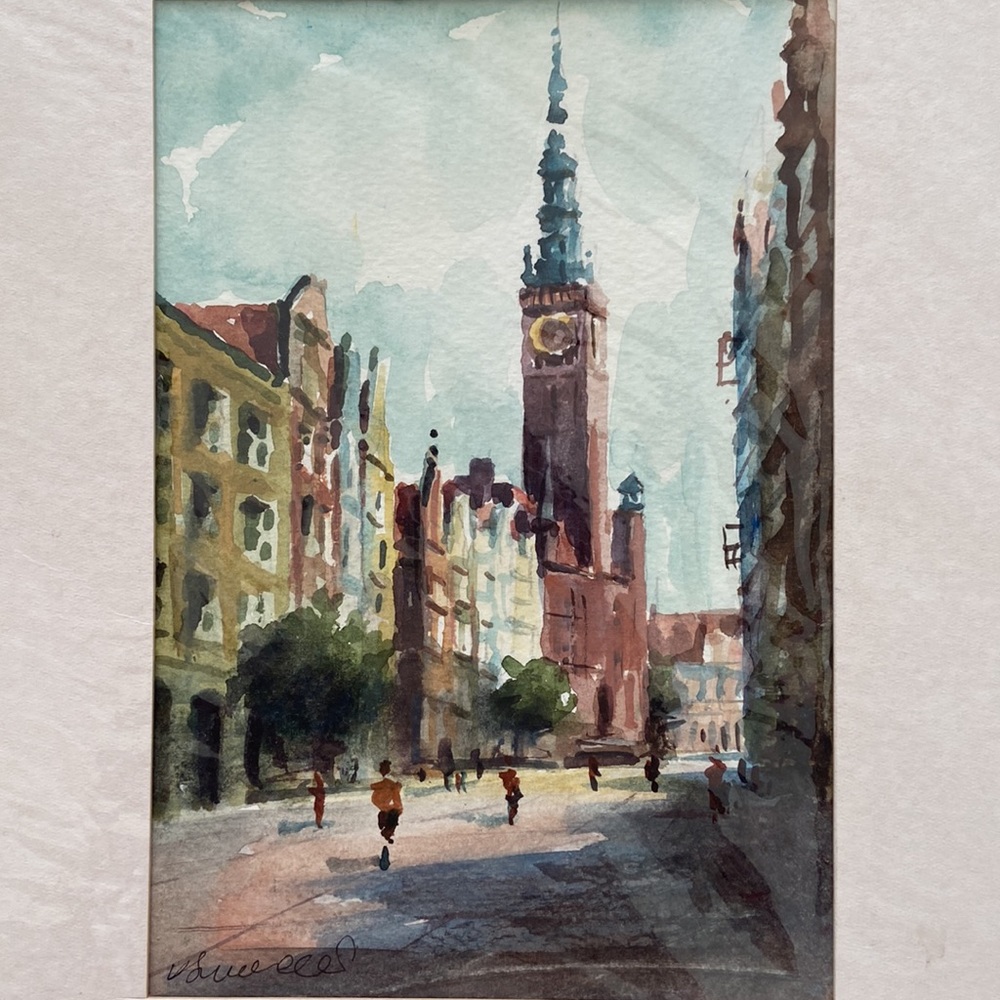 Water color of a European Bell Tower and Street picture wrapped in clear cover